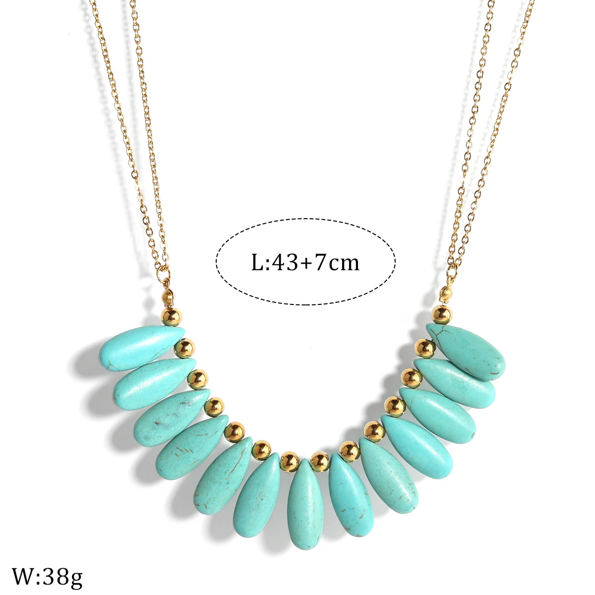 Fashion 18K gold-plated double-layer chain turquoise necklace classic teardrop shape bead pendant bohemian statement necklaces