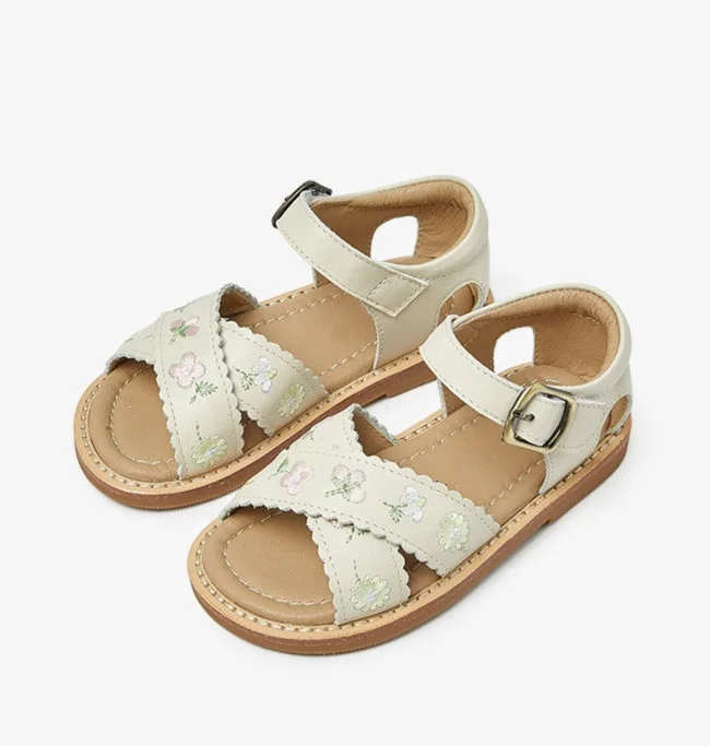 2023 Kids Children Leather Embroidery Flowers Crossed Strap Little Girls Princess Flat Sandals