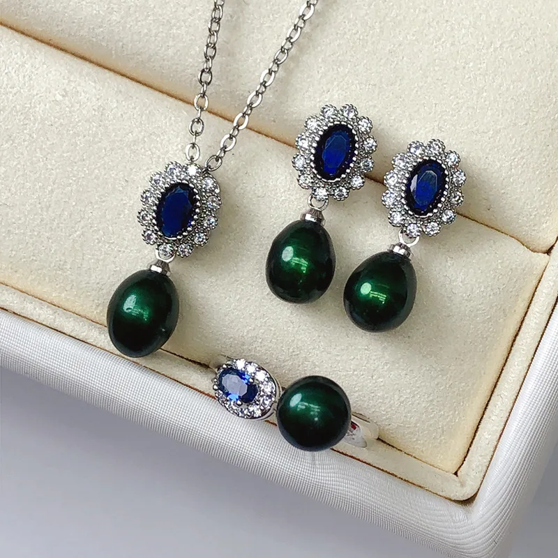 Fashion high quality Blue zircon bride Natural 7-8MM Freshwater Pearl Necklace Earrings Ring 3pcs jewelry set