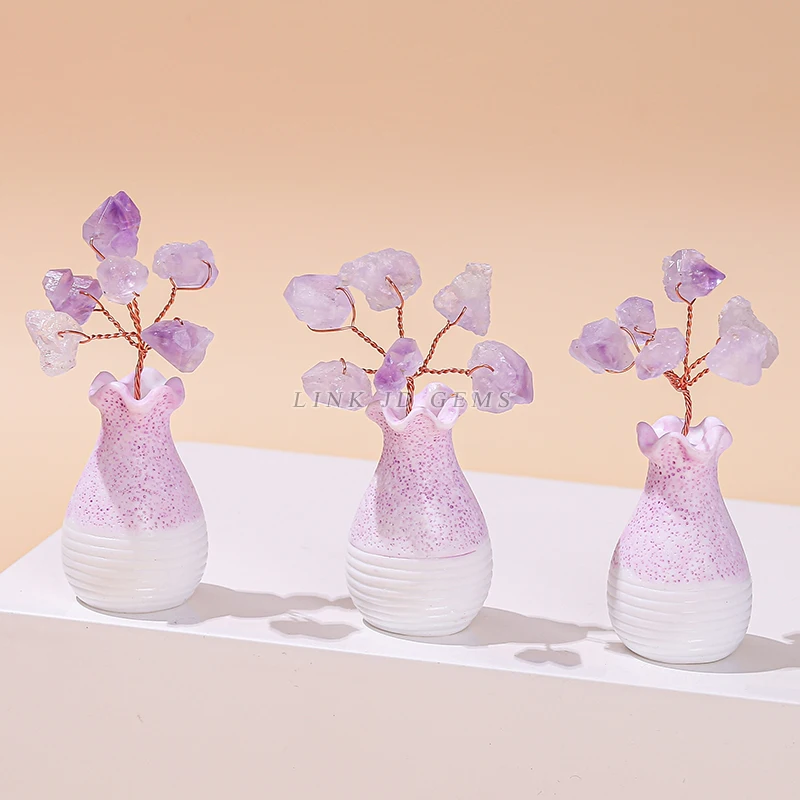 Natural Amethyst Flowers Crystal Lucky Tree Rose Quartz Gemstone Reiki Chakra Feng Shui Trees for Home Decor