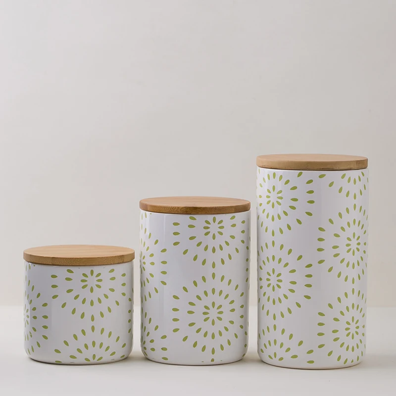 food storage ceramic canister green spots print jar bamboo lid jar