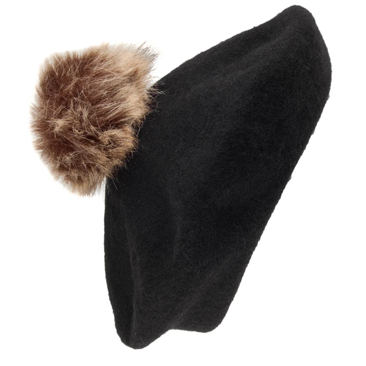 Wool Blend French Beret Girls Ball Hats Cap Custom Knit Beanie Winter Warm Beret Hat with Fur Pom Pom