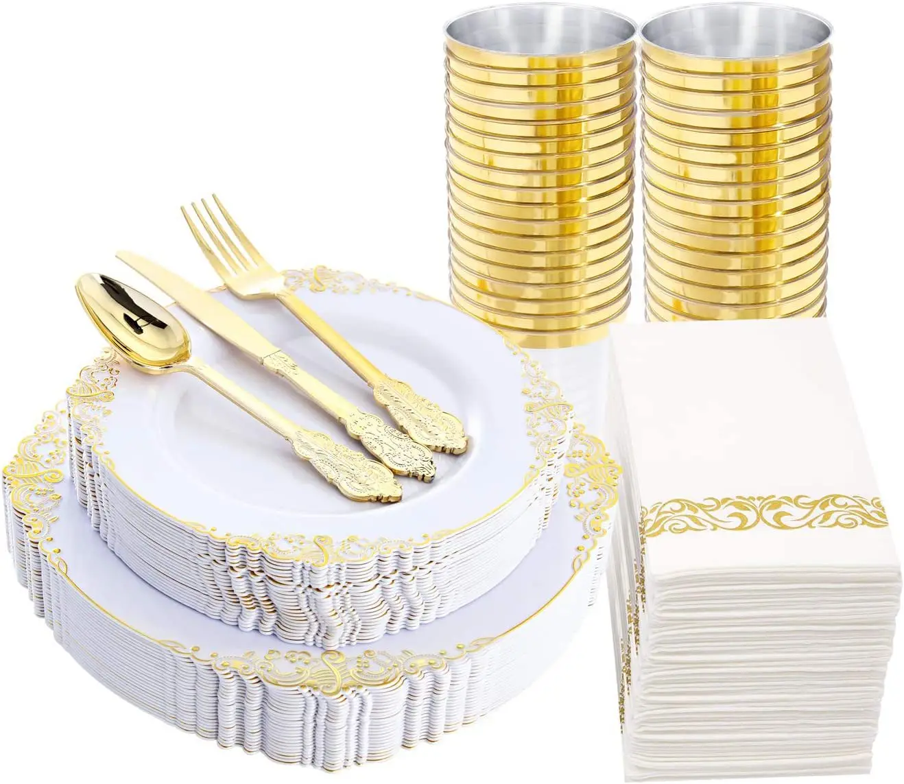 New Arrival 175PCS Plastic Clear Gold Rim Charger Plates with Spoon Knife Fork and Napkin and 10oz Cups for Wedding Party