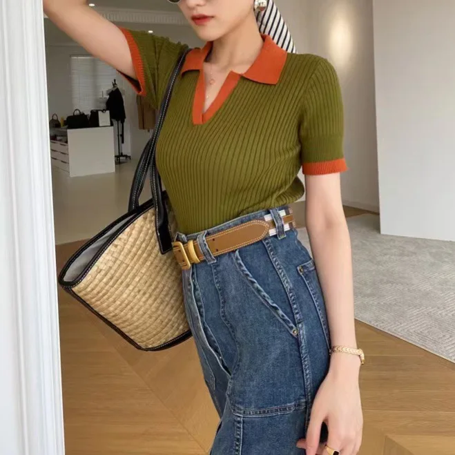TY990 Wholesale 2024 solid Turn-down Collar short Sleeve knit T Shirt Tops Women Mesh Blouses 7
