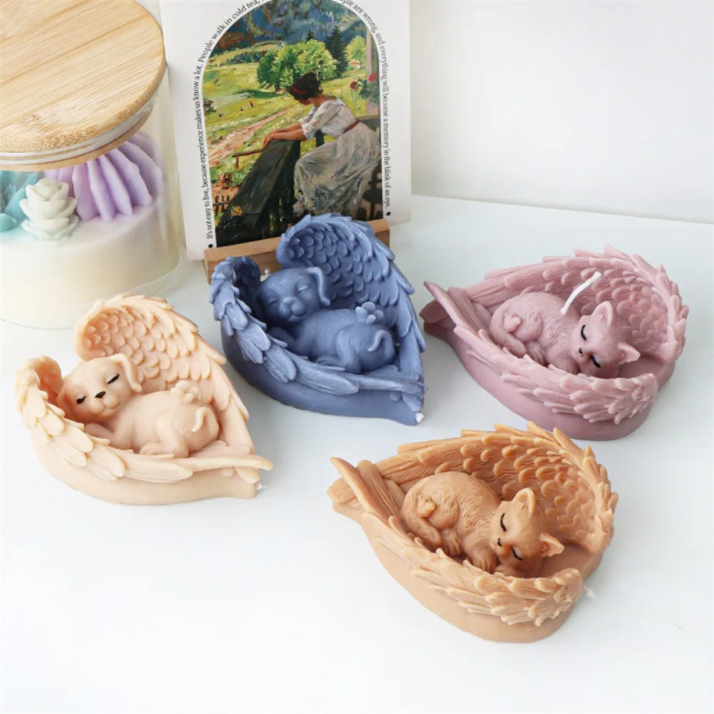 DIY Wholesale 3D Angel Dog Animal Candle Moulds Sleep Puppy moldes de silicona para velas Wings Kitten PlasterCat Candle Molds