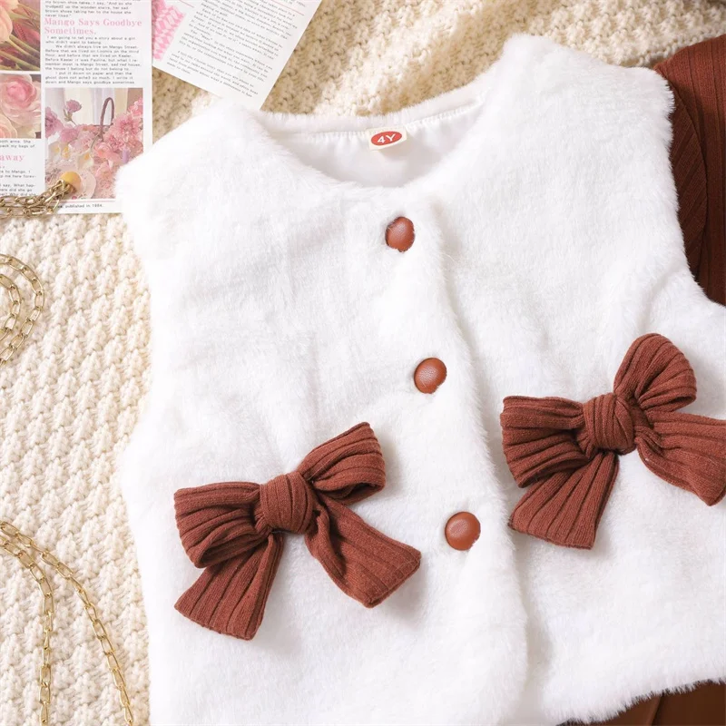Ms-283 Baby Toddler Girl Clothes Fall Winter 2-3 Years Outfits Child Tops+Fur Vest+Skirts 3 Piece Kids Clothing Sets for Girls