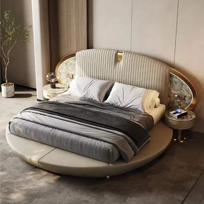 Luxury Italian Designer Bedroom Set King Size Double Leather Bed Luxury Bed frame with High Headboard