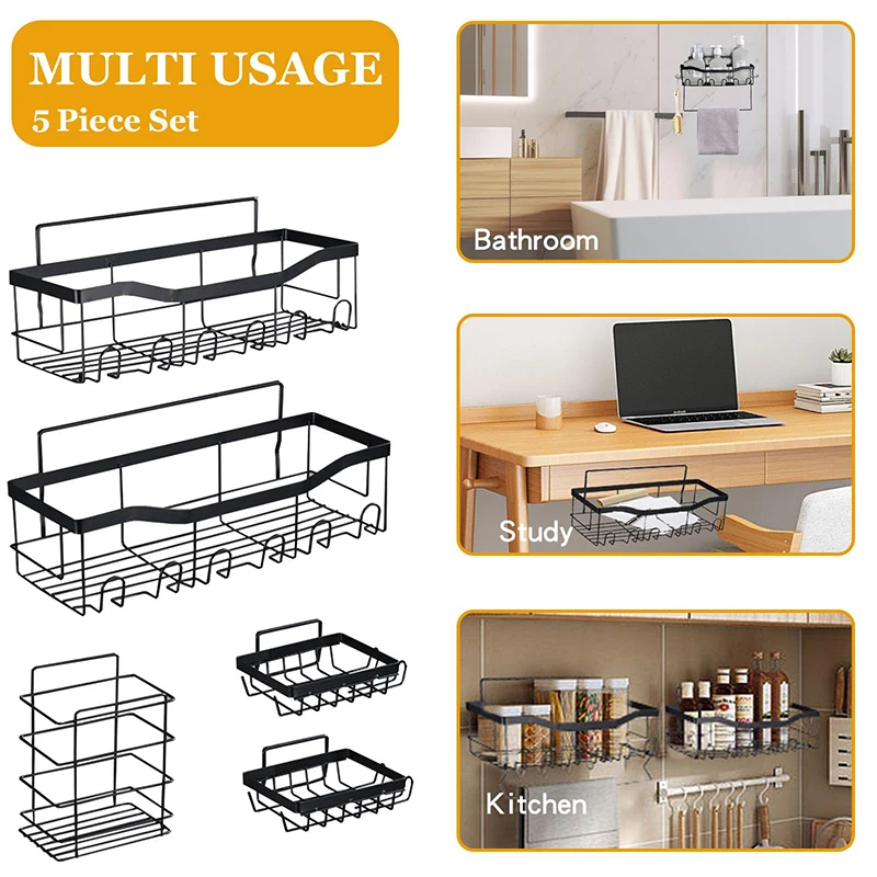 2024 Hot Sale Bathroom Organizer 5 Pack Stainless Steel Adhesive Shower Caddies Shower Corner Shelves with Hooks