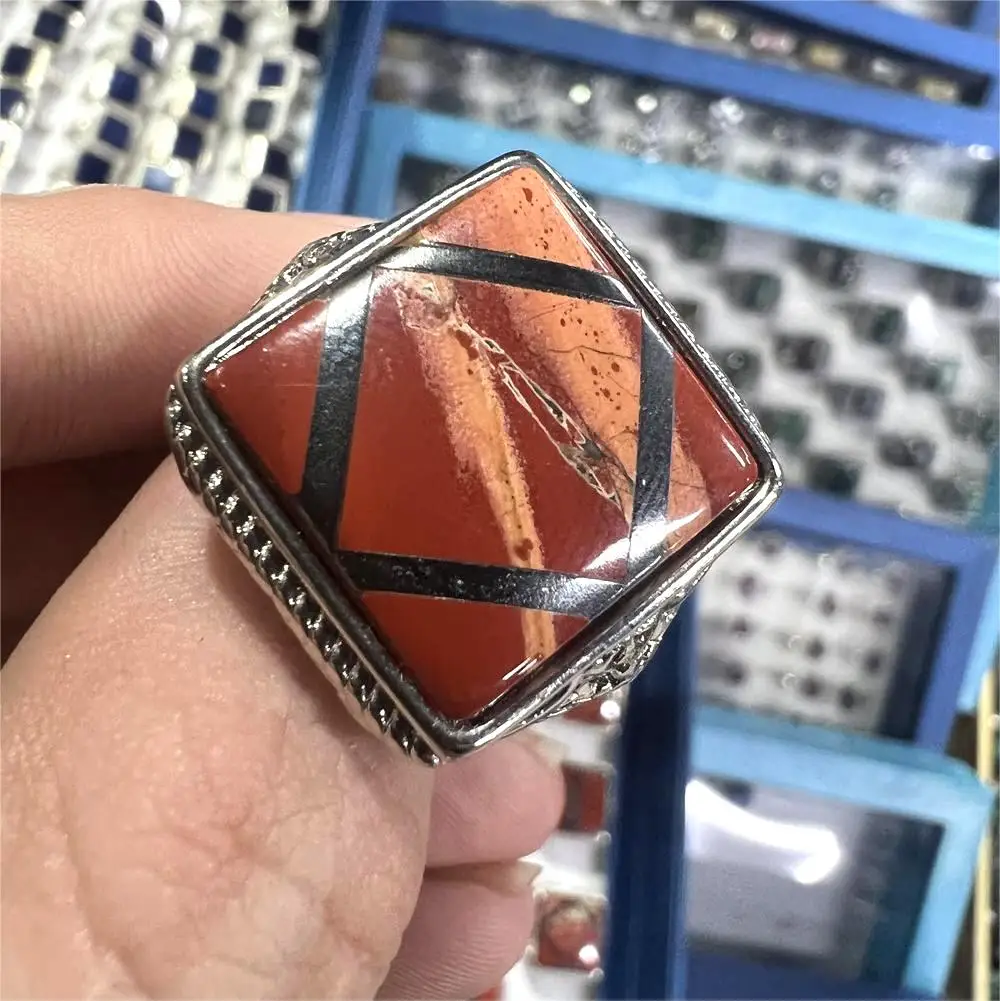 Factory Price Cheap Stone Men Rings Red Jasper Splicing Black Agate Ring Silver Color Copper Rings Jewelry Gift Stall Good