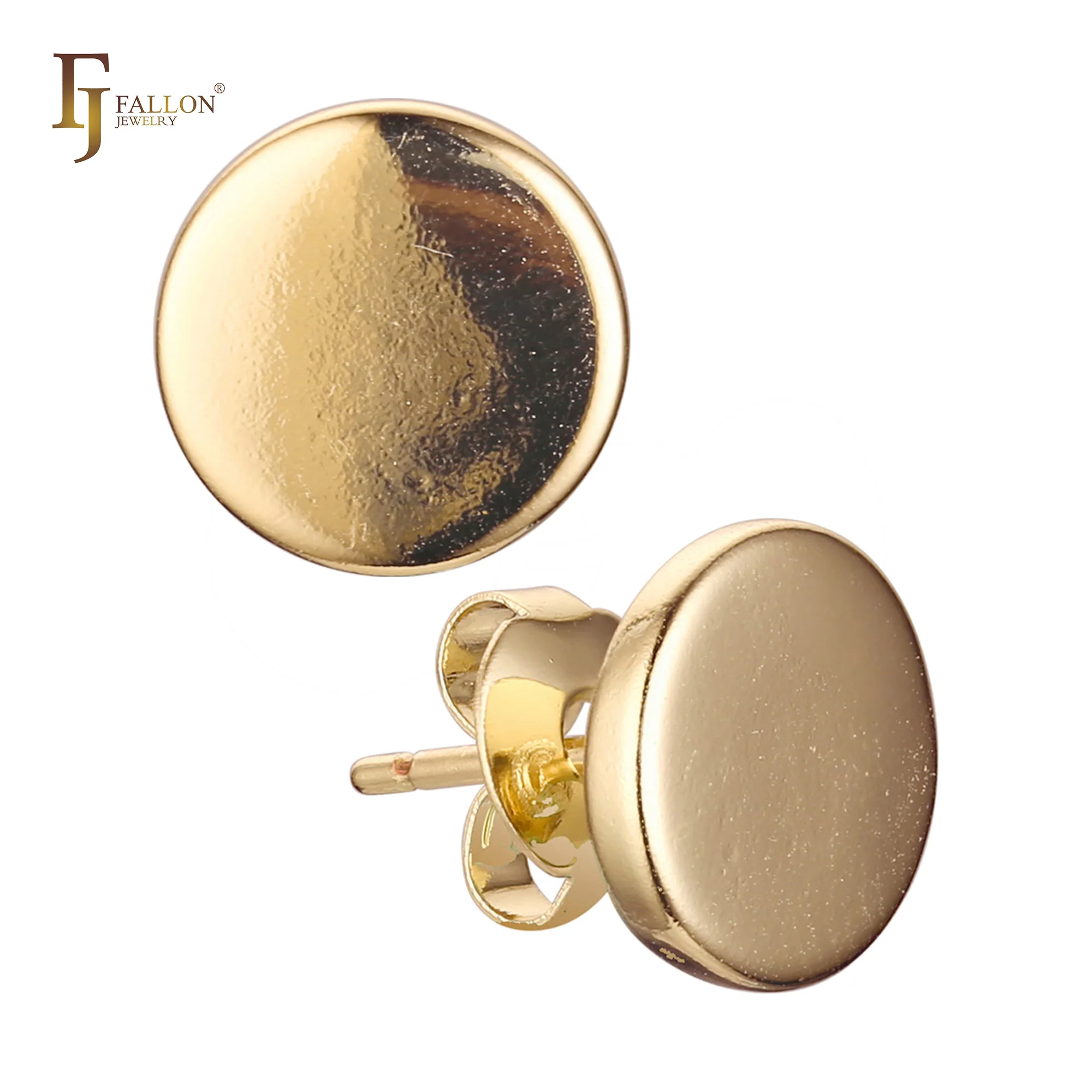 52100364 FJ Fallon Fashion Jewelry Button Disc With Flat Circle Flank Stud Earrings Plated In 14K Gold Brass Based