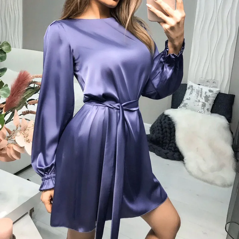2021 New Fashion Spring Women Elegant Casual O-Neck Satin Mini Dress solid Lantern Sleeve Sashes A Line Party Dress