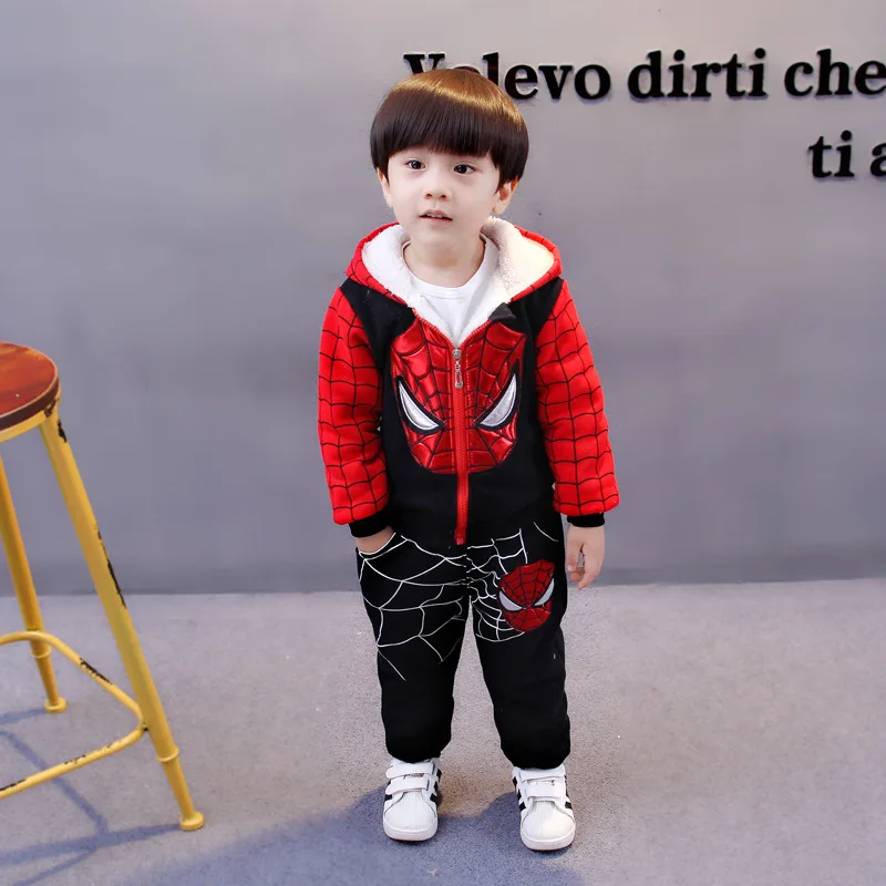Autumn Winter Spiderman Baby Boy Sweatshirt Zipper Hoodies+Pant Plus Velvet Thicken Warm Children Outfits Costume Kids Clothes