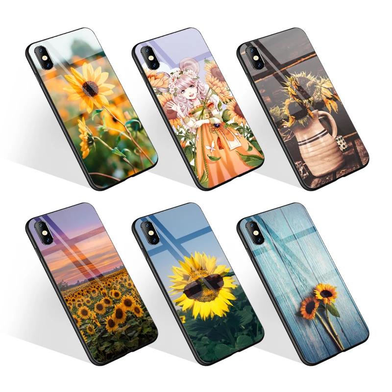 Mixed Brand Phone Model Sunflower Designer Glass Phone Case for iPhone 12 7 8; Mockup Print Phone Accessories Cover