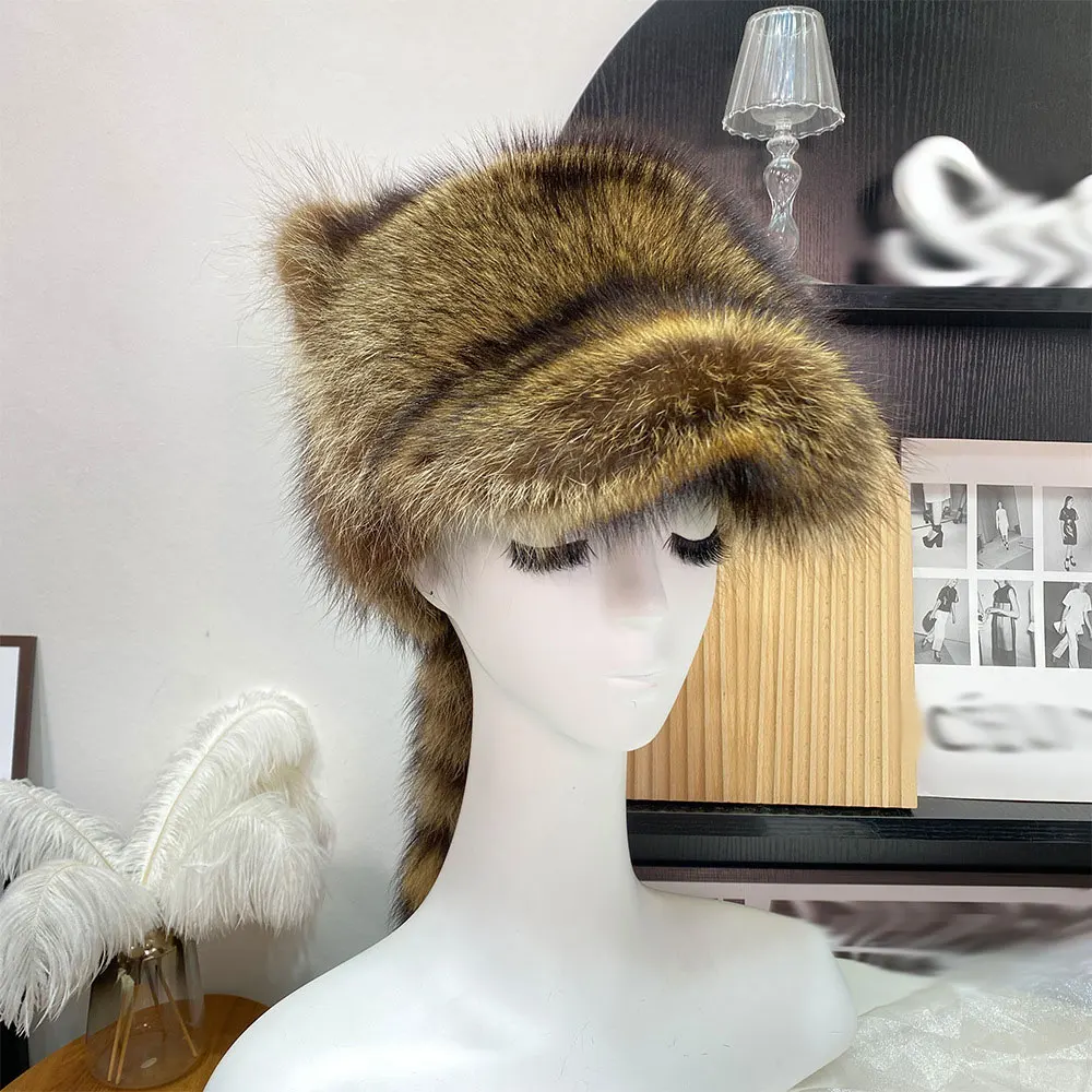 Real Raccoon Fur Cap Duck Cap Winter Fashion Fur Cat Ears And Tail
