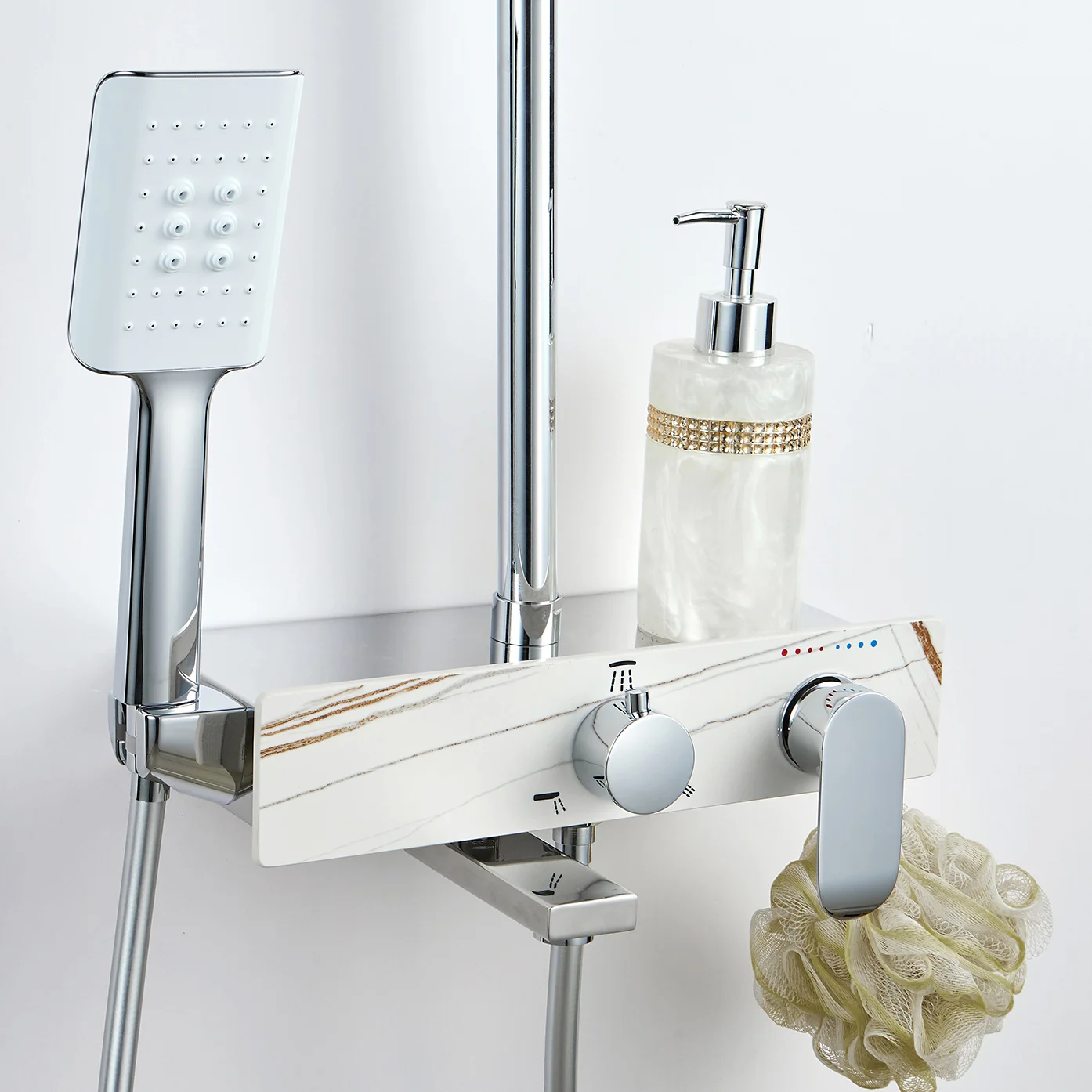 2021 Unique Brass hot and cold Rain Shower Set Polished Chrome With White rock plate Bathroom Shower Mixer set