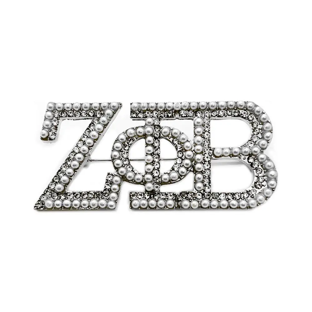 Low Price Wholesale Silver Tone Zeta Phi Beta Inspired Pin Pearl Rhinestone Inlaid Custom Letter Designer ZPB Sorority Brooch