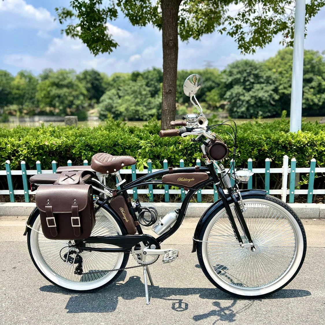 26 Inch Classic Bicycle Indian Spring Fork Chrome Beach Cruiser Bike  with leather bag