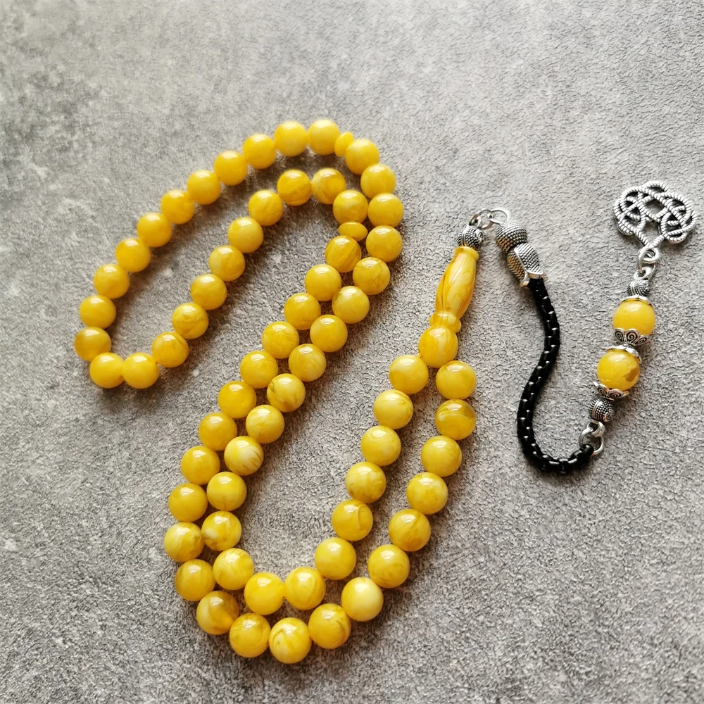 Yellow resin Tasbih amber Color handmade prayer beads 8mm 66 Rosary Metal tassels Islam gift Muslim misbaha tesbih