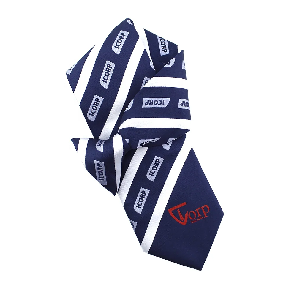 Mens Wholesale Custom Clip-on Neckties Polyester Jacquard Dark Dusty Blue White Striped Red Logo Security Clip On Ties For Men