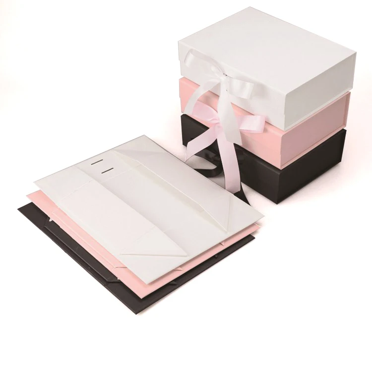 Large luxury custom foldable magnetic black white pink gold paper cardboard hamper gift box with ribbon