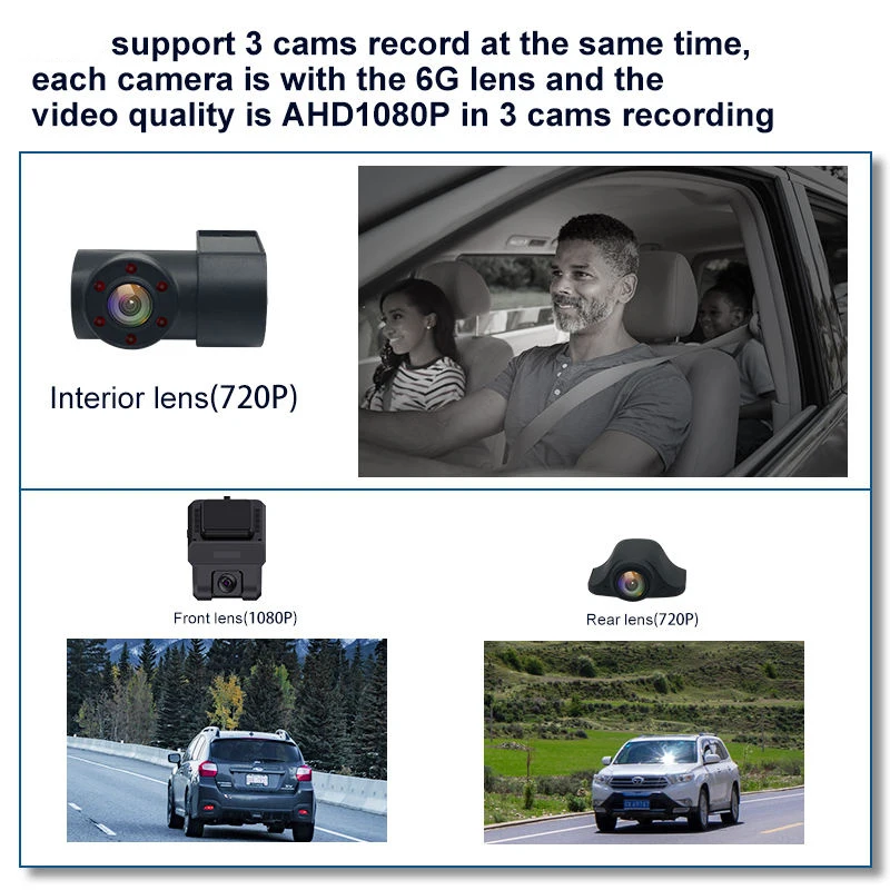 HD 4G Sim Car Dashcam 1080P Mini Smart 3 Channel Dash Camera with Front and Rear Lenses GPS and WiFi