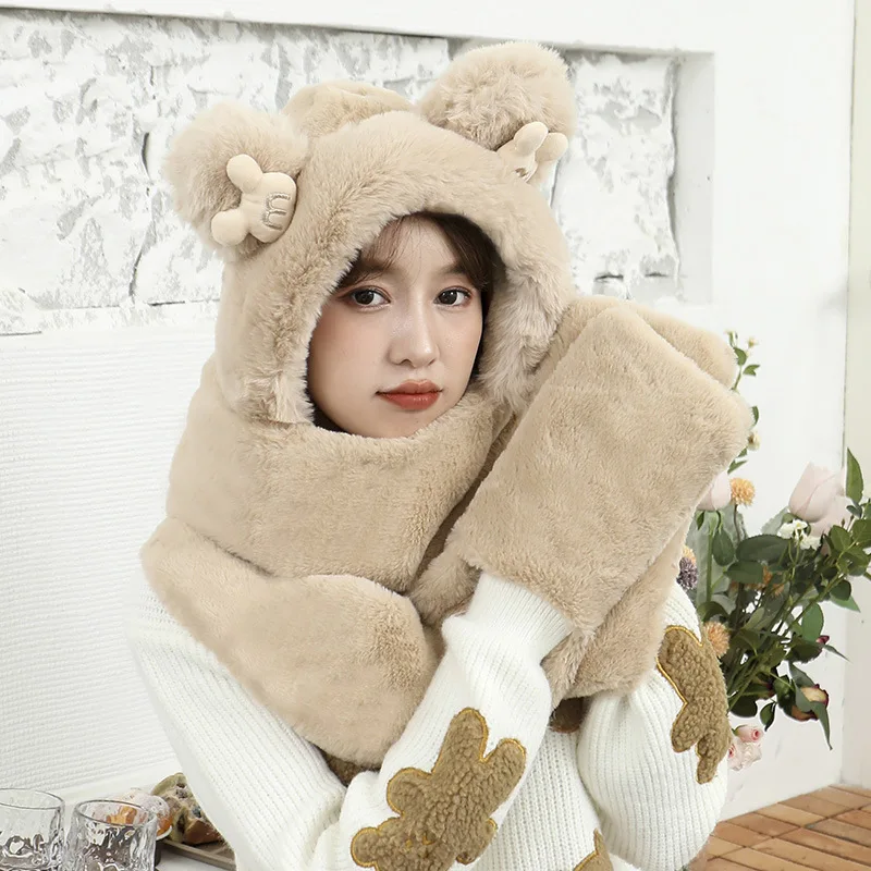 Women Outdoor Warm Winter Hats Set Girls Earflap Caps Cartoon Fur Hat Scarf Gloves One Piece Set