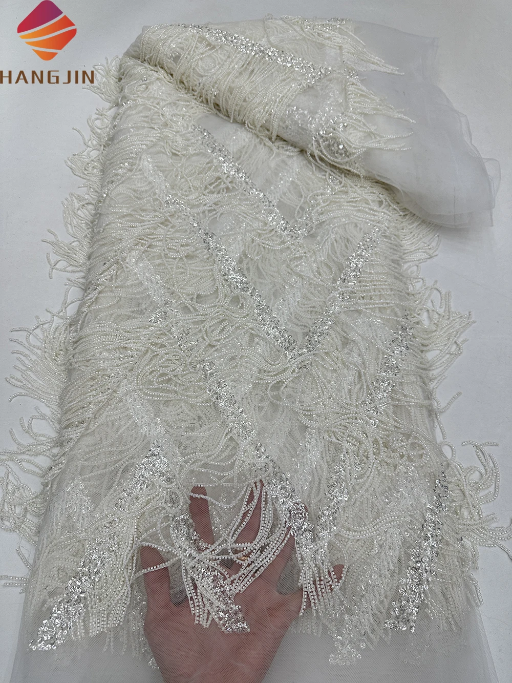 Luxury Sequins Embroidery French Tulle Mesh Lace Heavy Embroidery Beaded Tassel Fringe Fabric For Wedding Party Dress