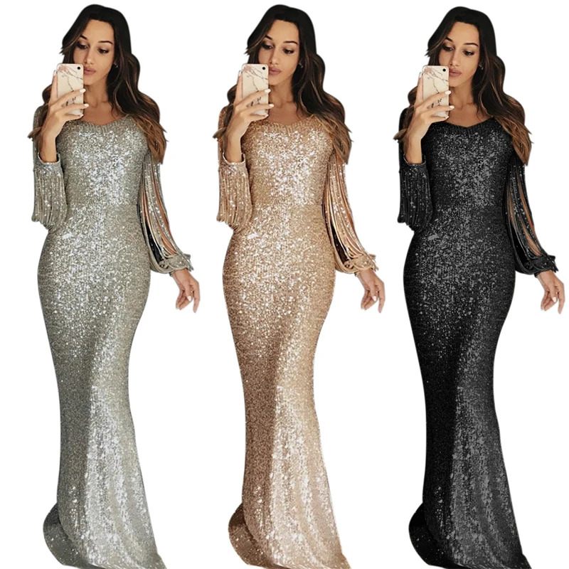 LLDRESS 2022 Women Ladies Apricot Fringe Long Sleeve Party Maxi Sequin Evening Dress