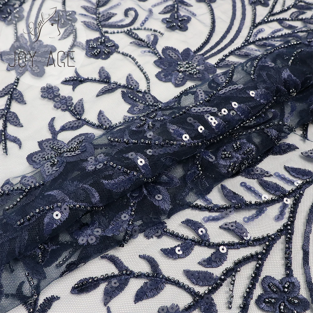 Wholesale 2021 French Women Evening Dresses Blue Mesh Embroidery Flowers Tulle Heavy Beaded Lace Fabric With Sequence Sequin