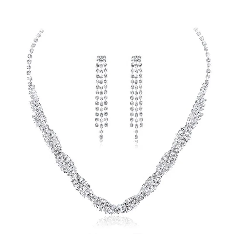 Stock Silver color shiny crystal rhinestone chain necklace earring jewelry set for bride