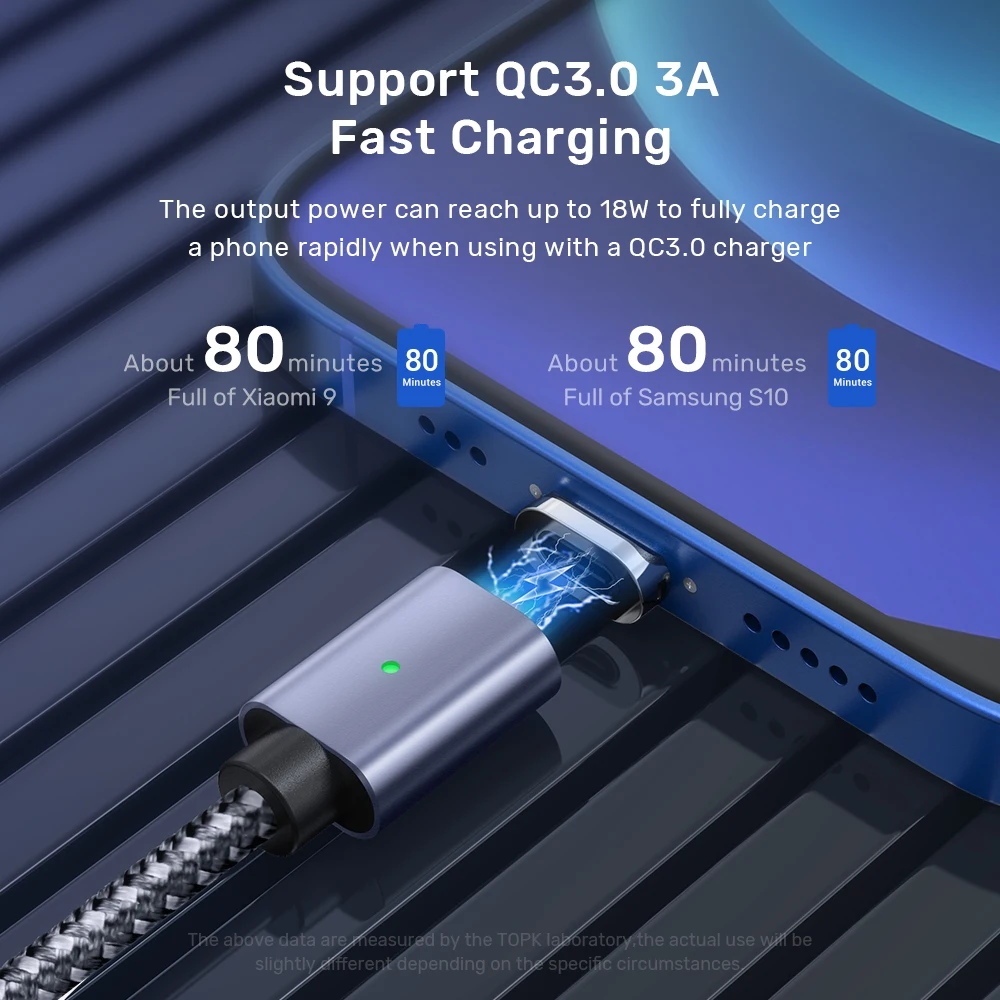  Бесплатная доставка TOPK AM45 1 м 3A QC3.0 Быстрая зарядка Магнитный USB кабель для
