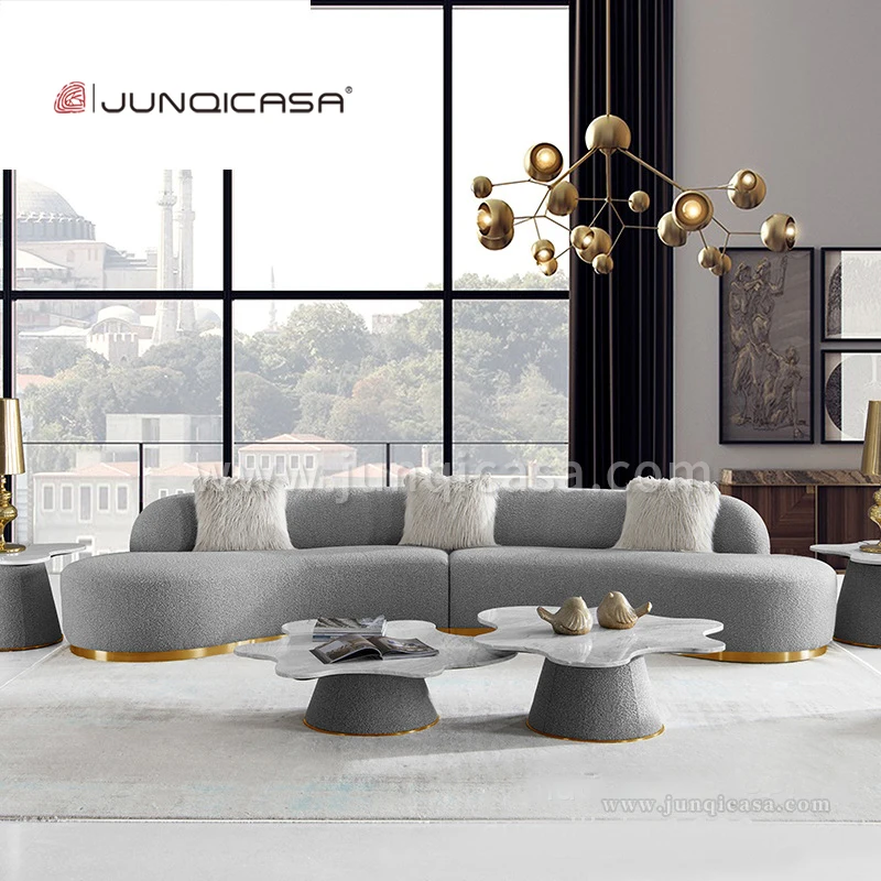 Fancy Grey Fabric Curved Sofa Modern Luxury U Shape Sofa Set Furniture With Stainless Steel Base