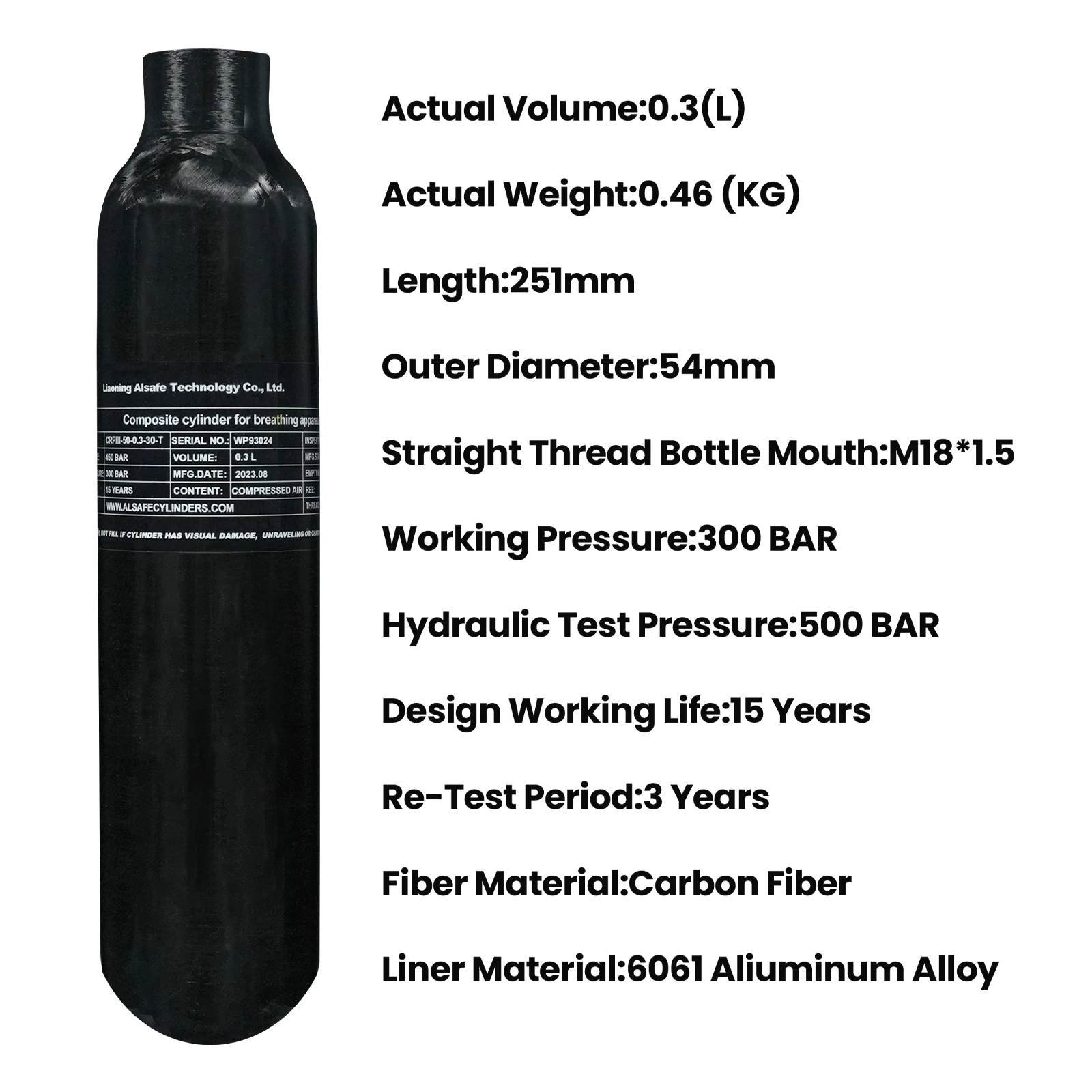 TUXING Factory Low Price High pressure 0.3L 3000psi 300bar CE Paintball Composite Materials Aluminum Black Carbon Fiber Air Tank