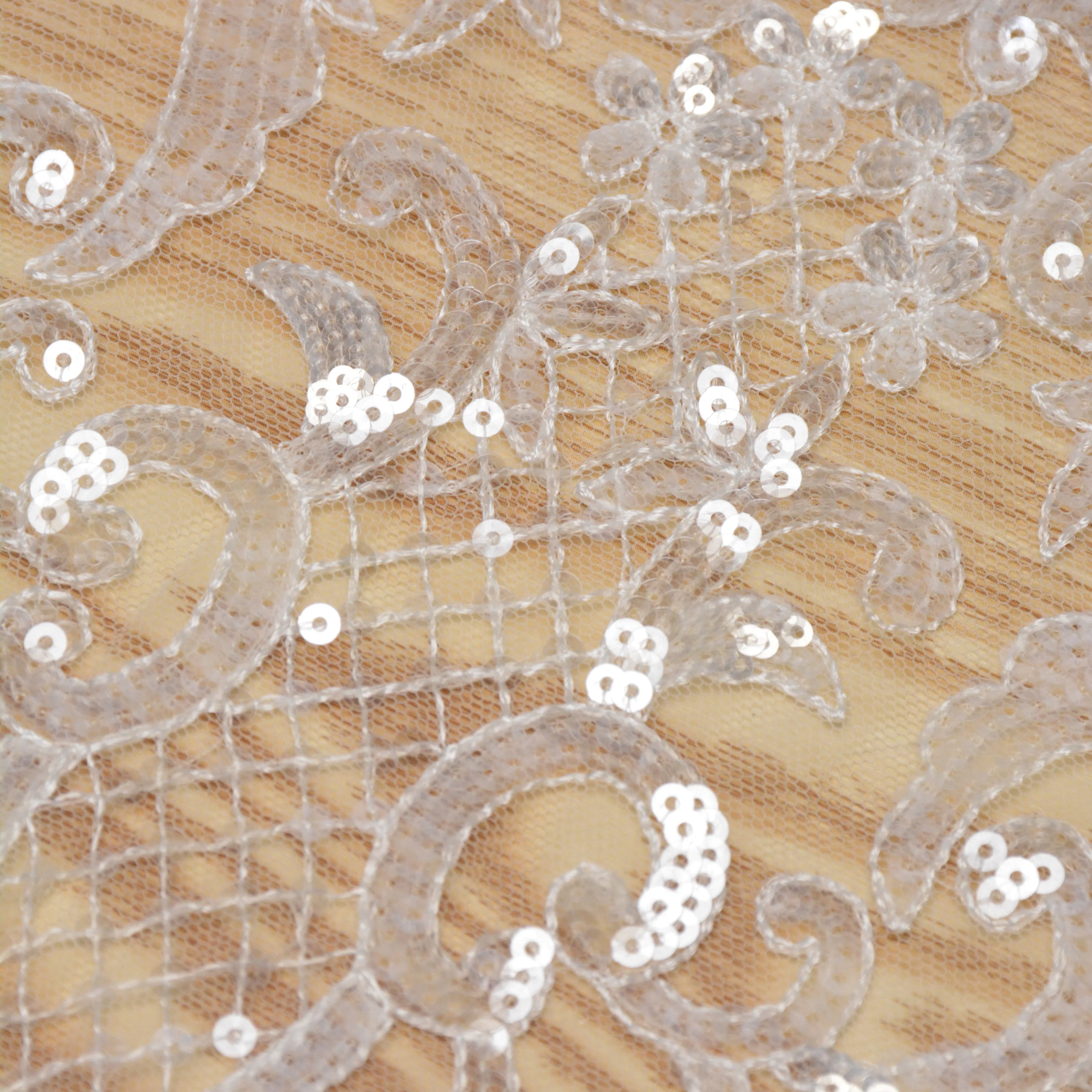 Best selling bridal veil lace applique stretch sequins fabric embroidery white