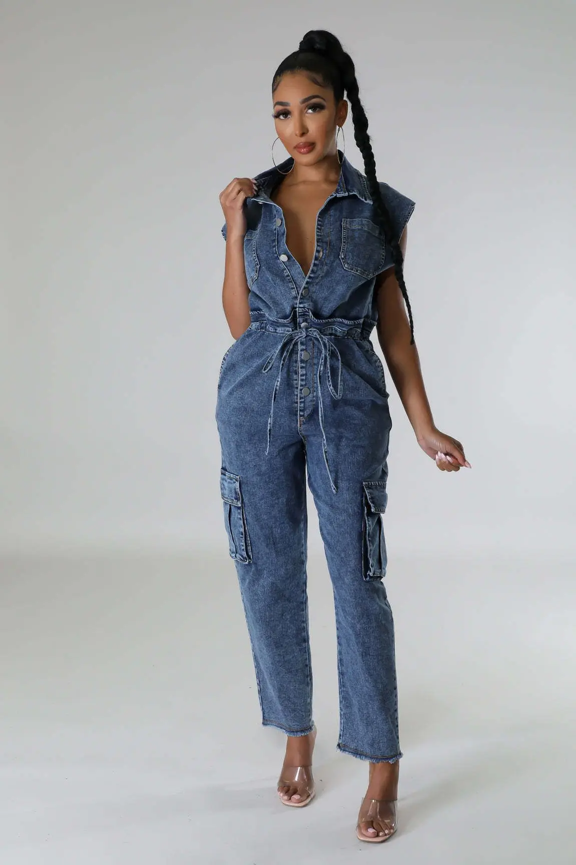 Trend Women Clothes Sexy Fashion Slim Short Sleeve Denim Jumpsuit