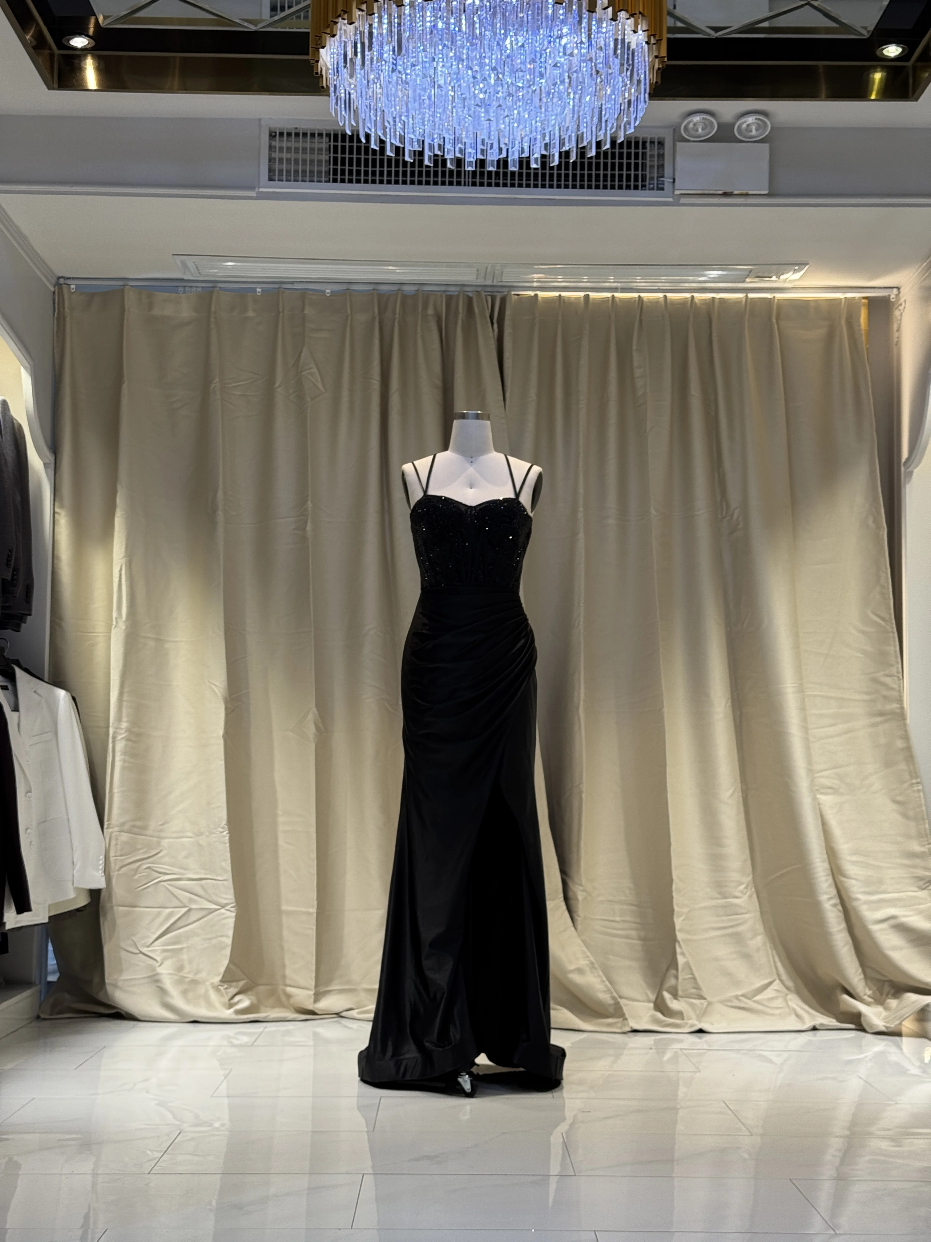 2025 Elegant Satin Mermaid Corset Side Split Evening Prom Dresses Black Beaded Long Sleeve Hand Pleated Cotton Fabric Summer