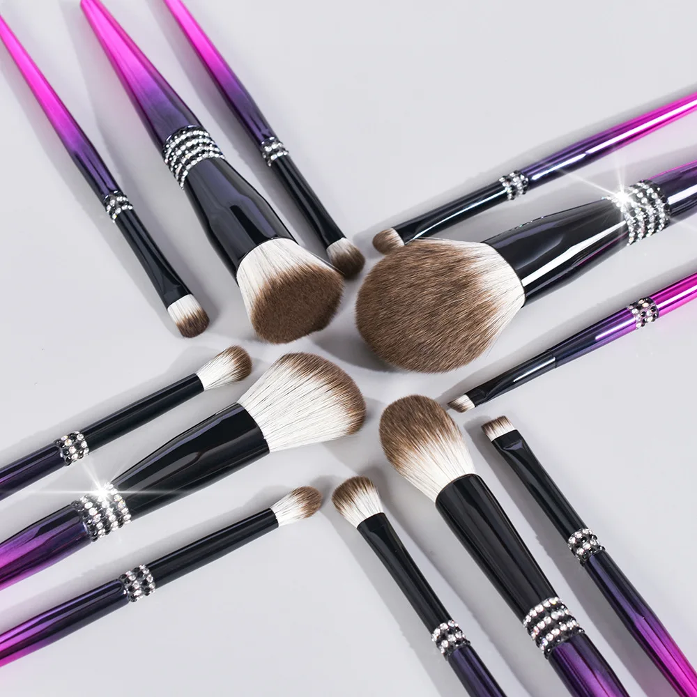 12pcs Luxury glitter diamond bling private label makeup brush metal classic gradient purple blue brush custom logo makeup brush