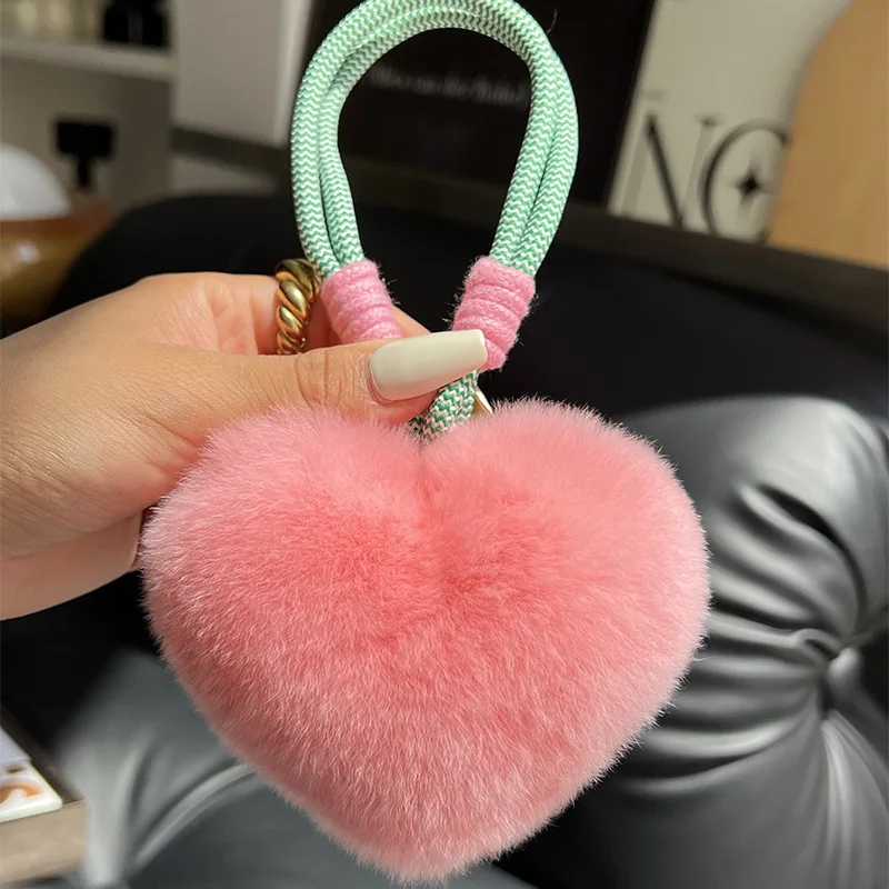 10cm Genuine Fur Heart Fur Pom Pom Fluffy Plush Pendant KeyChain Car Bag Keyring Love Pompom Fluffy Keychain