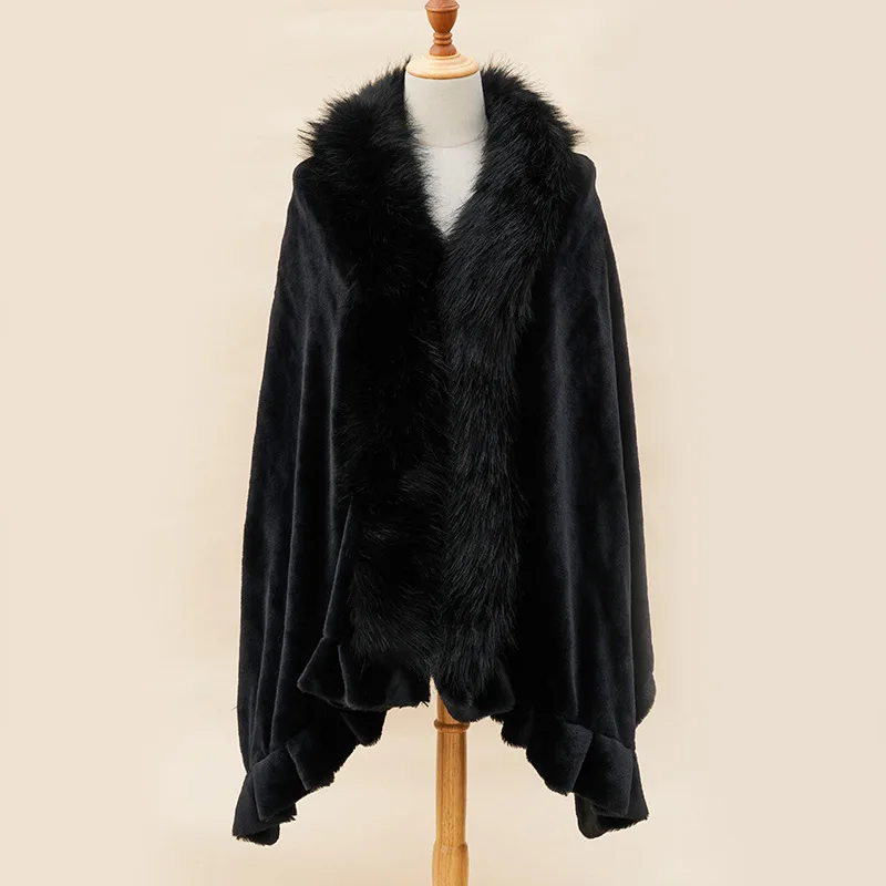 Fashion Elegant Pink poncho long hair Collar faux Rabbit fur shawl for Women winter warm