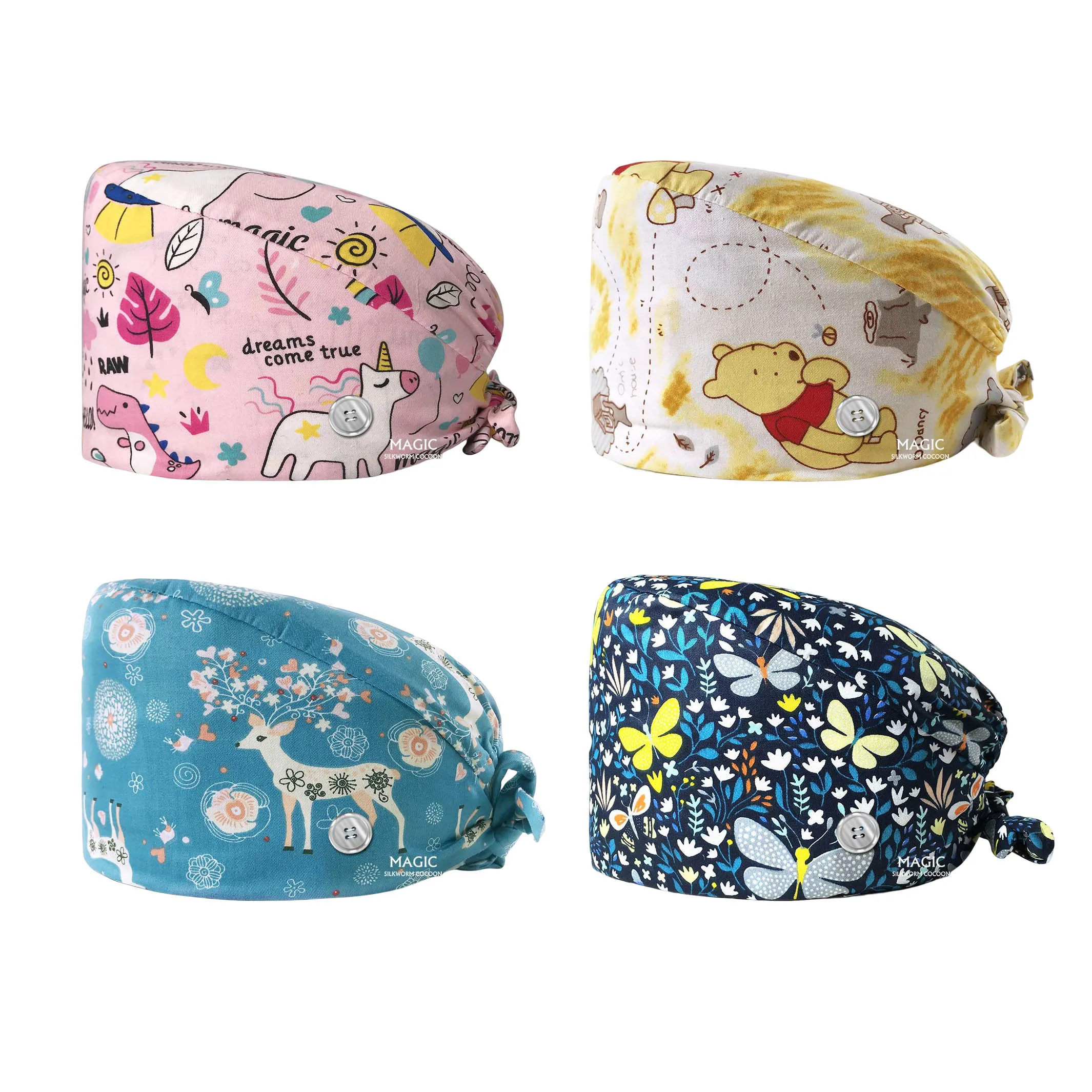Custom Printed Bouffant Style Scrub Cap Bonnets Silk Line Nursing Scrub Caps Head Cover And Bonnets Long Hair