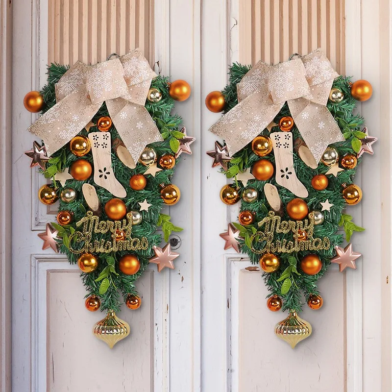 Christmas yellow ball upside down tree decoration wall hanging Holiday window Christmas ball bow rattan door hanging