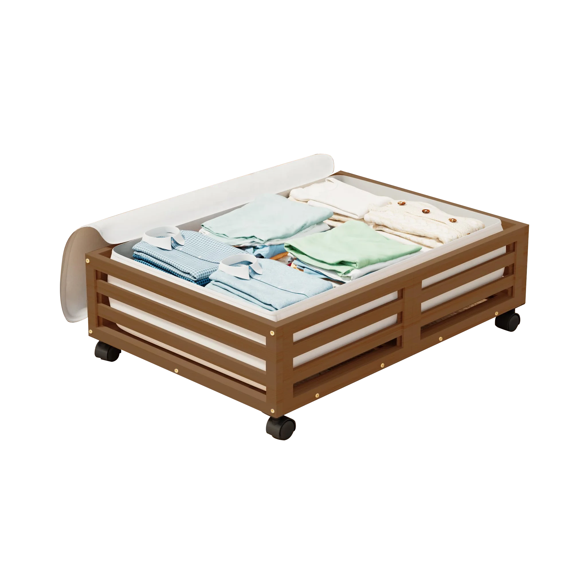 Оптовая продажа деревянный контейнер для хранения грецкого ореха с колесиком органайзер под кроватью большой вместимости ящик