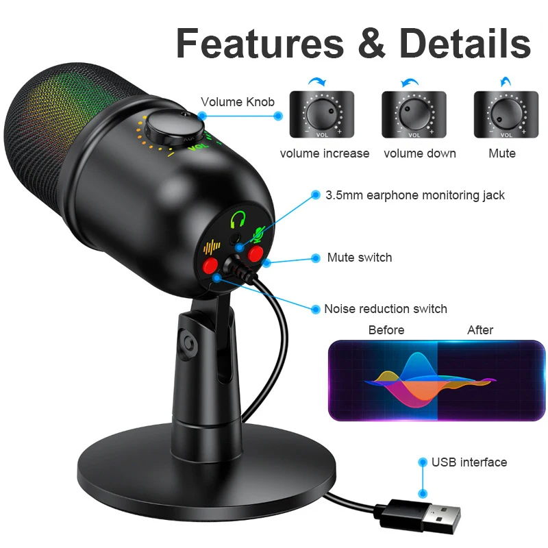 PC Table Podcast Recording Gaming Usb RGB Live Streaming Pedestal Para Recoding Microfono Mic Stand Round Base Studio Microphone