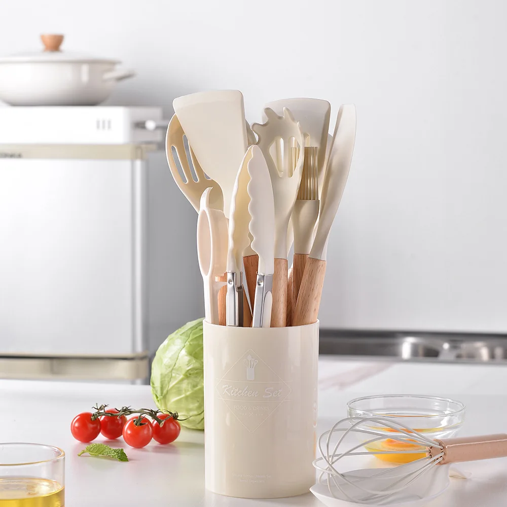 Kitchen Appliances Accessories Cookware Sets Cooking Tool Silicone Kitchen Utensils Set With Wooden Handle For Cooking
