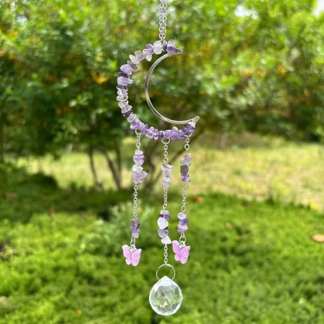 natural crystal handmade hanging sun catcher small size moon shape hanging prism rainbowmaker crystal cun catchers