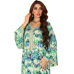 Summer Fashion Arabic Dress Abaya Printing Long Sleeves V Neck Patchwork Buttons Elegant Dubai Robe Party Maxi Dresses