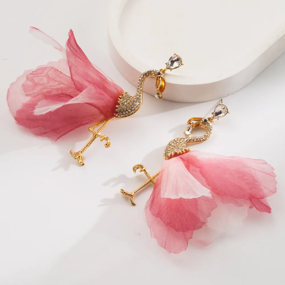 Fashionable diamond studded flamingo mesh earrings super fairy fashion girl earrings versatile temperament personalized earrings