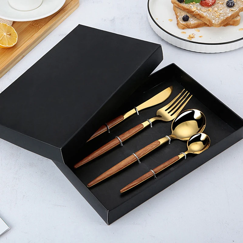 Hongda 430 Flatware Spoon Fork Knife Stainless Steel Wooden Plating Handle Cutlery Set