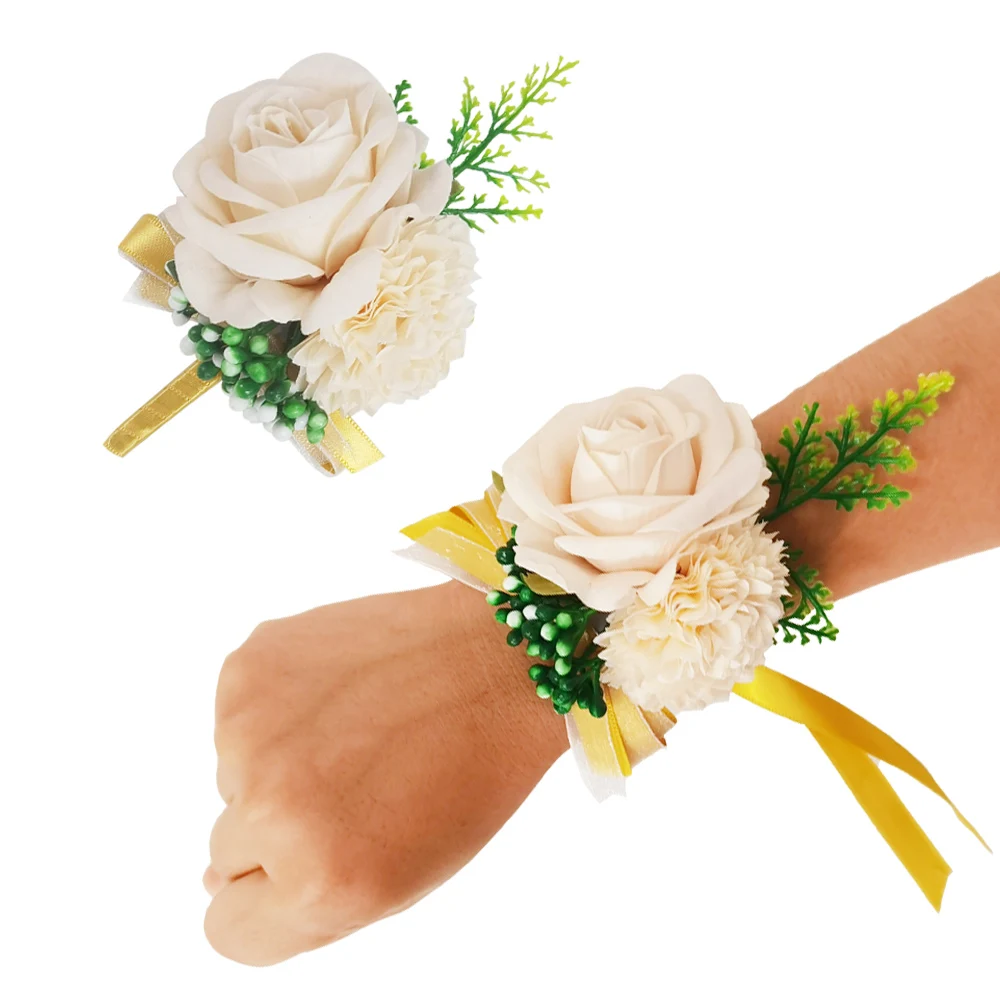 Wedding Prom Corsage and Boutonniere Set, Rose Wrist Corsage Ribbon Bracelet, Artificial Flower Wedding Accessories