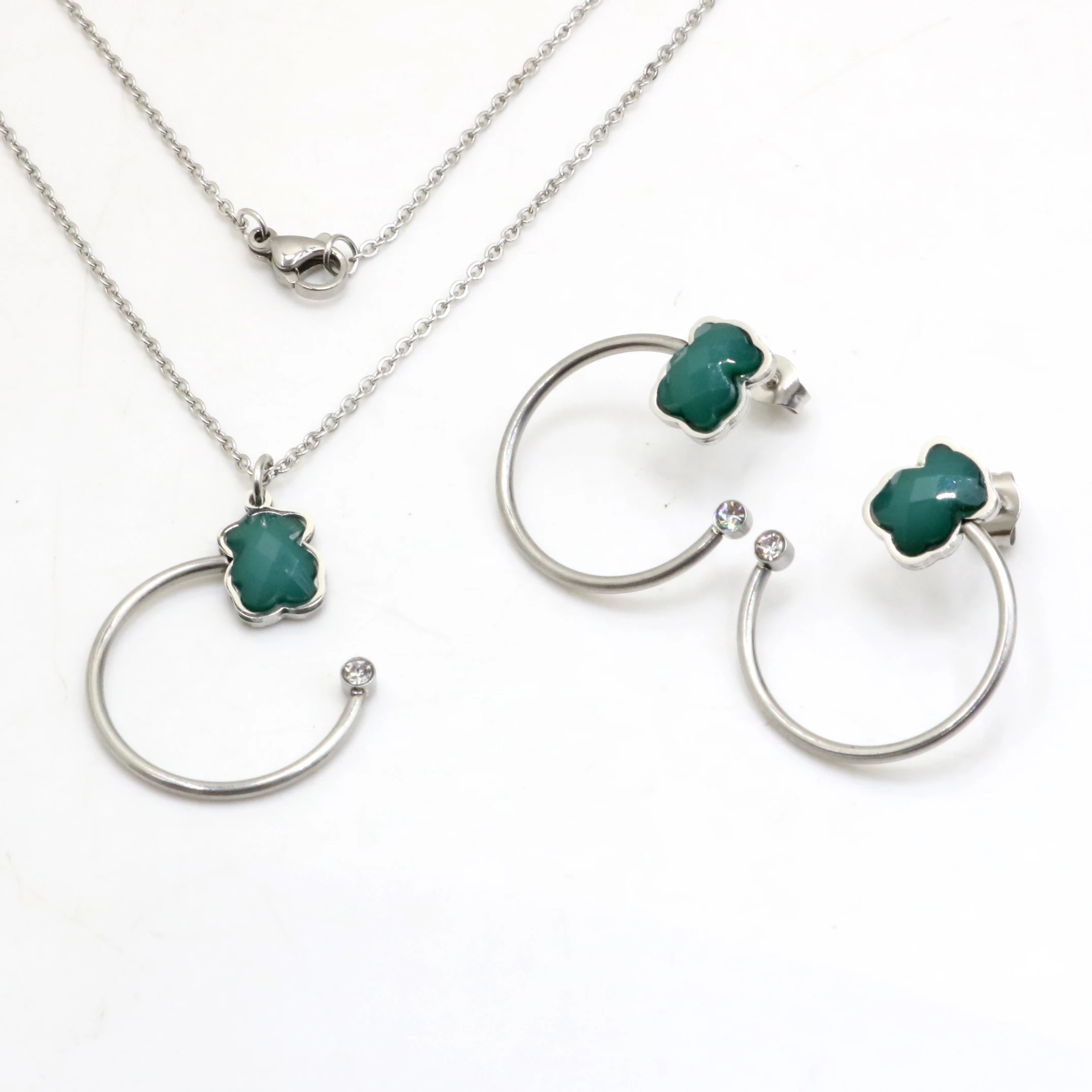 AFXSION Christmas Hot Sale Jewelry Girl Gift Bear Necklace and Earrings Stainless Steel and Crystal 18K Gold Jewelry Set